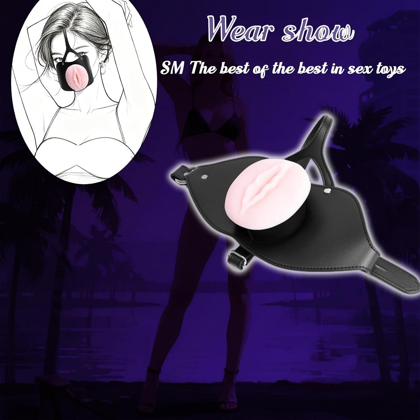 Oral Sex Mouth Gag Leather Bondage 3D Realistic Textured Tight Silicone Pocket Pussy Male Masturbator Deep Throat Sex Doll Mouth Gag with Lock Adjustable Adult Toy for Oral Sex Couples Kinky Toys