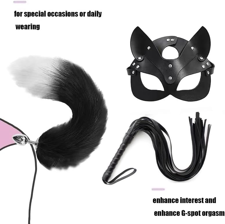 Half Cat Mask SM Whip Paddle Metal Anal Butt Plug with Fox Mask Plush Tail Metal Anus Bead Stimulator Anal Sex Toys BDSM Bondage Kit for Couples Beginners