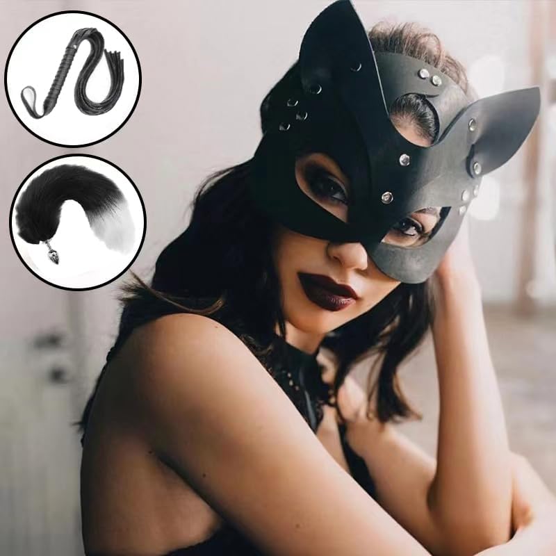 Half Cat Mask SM Whip Paddle Metal Anal Butt Plug with Fox Mask Plush Tail Metal Anus Bead Stimulator Anal Sex Toys BDSM Bondage Kit for Couples Beginners