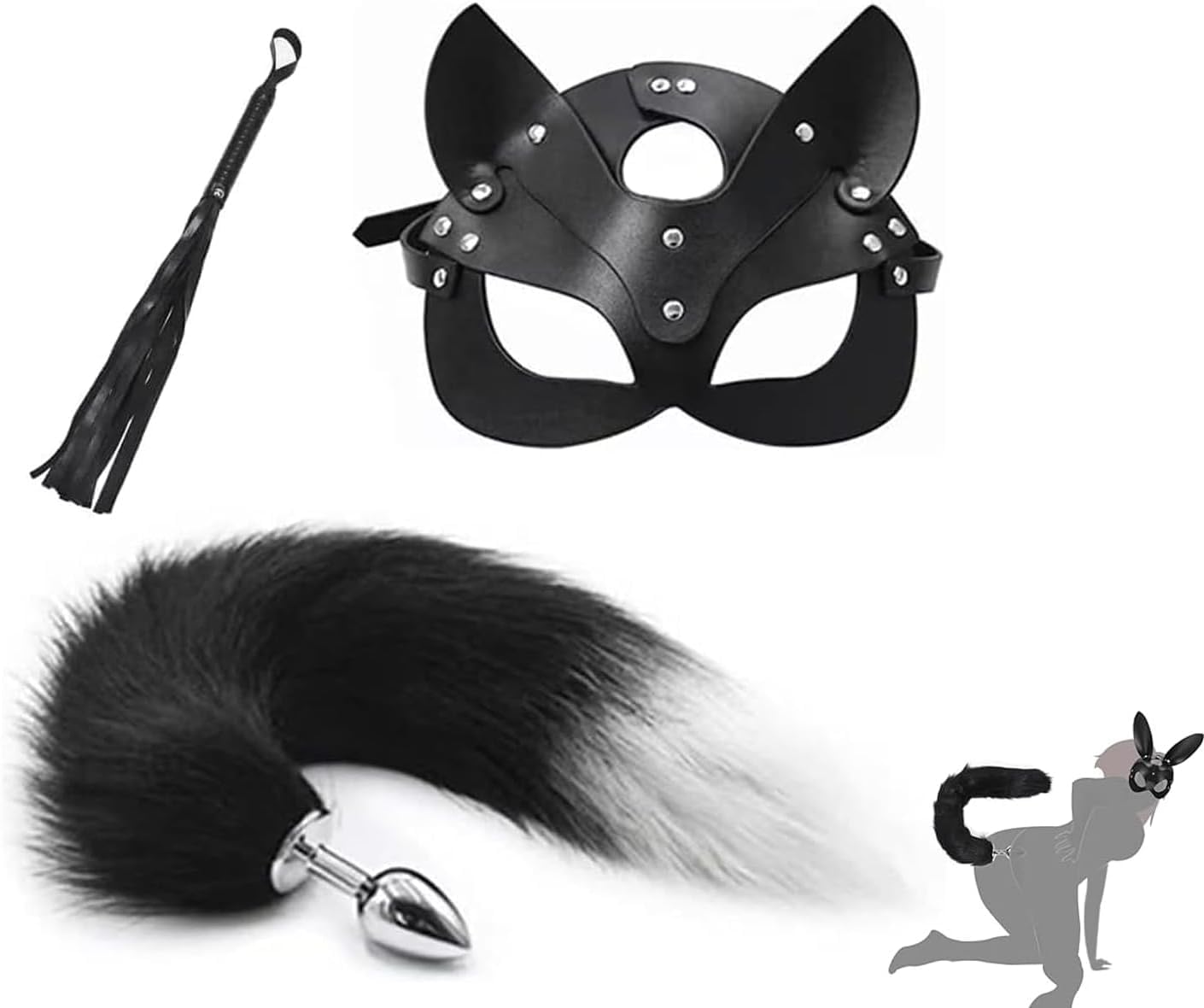 Half Cat Mask SM Whip Paddle Metal Anal Butt Plug with Fox Mask Plush Tail Metal Anus Bead Stimulator Anal Sex Toys BDSM Bondage Kit for Couples Beginners