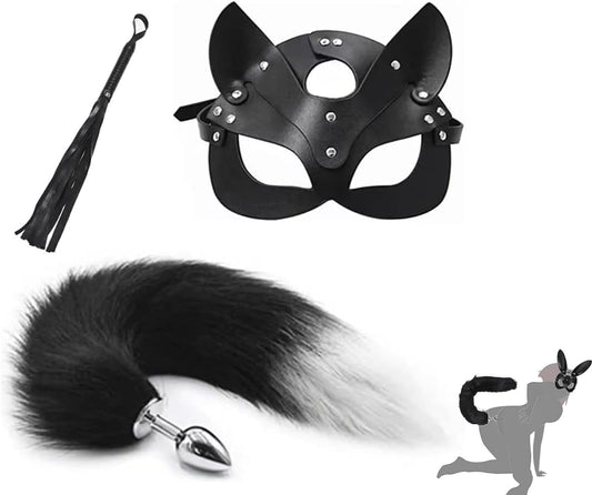 Half Cat Mask SM Whip Paddle Metal Anal Butt Plug with Fox Mask Plush Tail Metal Anus Bead Stimulator Anal Sex Toys BDSM Bondage Kit for Couples Beginners