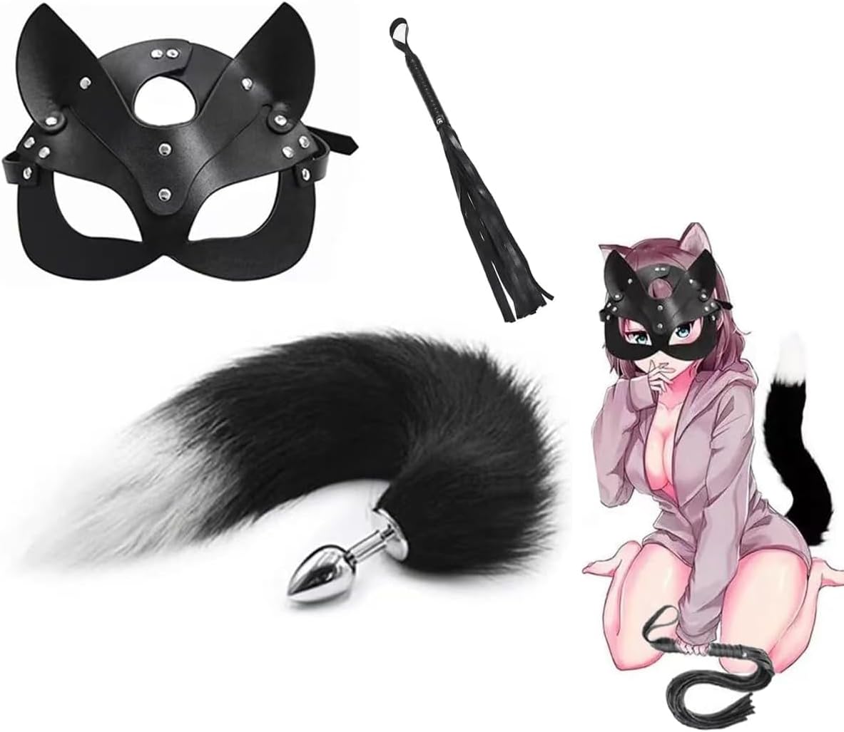 Half Cat Mask SM Whip Paddle Metal Anal Butt Plug with Fox Mask Plush Tail Metal Anus Bead Stimulator Anal Sex Toys BDSM Bondage Kit for Couples Beginners