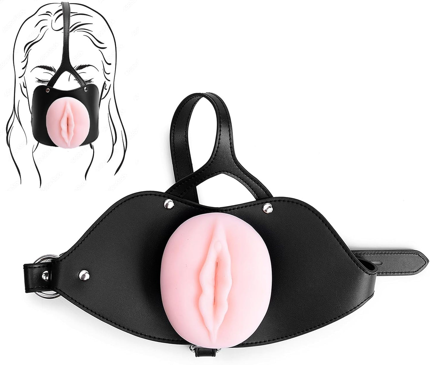 Oral Sex Mouth Gag Leather Bondage 3D Realistic Textured Tight Silicone Pocket Pussy Male Masturbator Deep Throat Sex Doll Mouth Gag with Lock Adjustable Adult Toy for Oral Sex Couples Kinky Toys