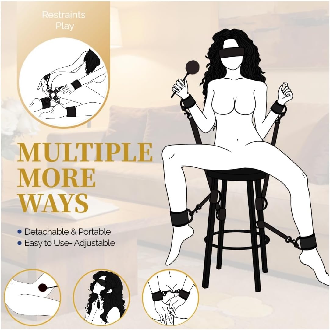 BDSM Bed Bondage Kit SM Sex Toys Restraints Set with Handcuffs Sex Straps Cuffs Blindfold & Feather Tickler, Hogtie Sex Toys Couples for Adult Men Women