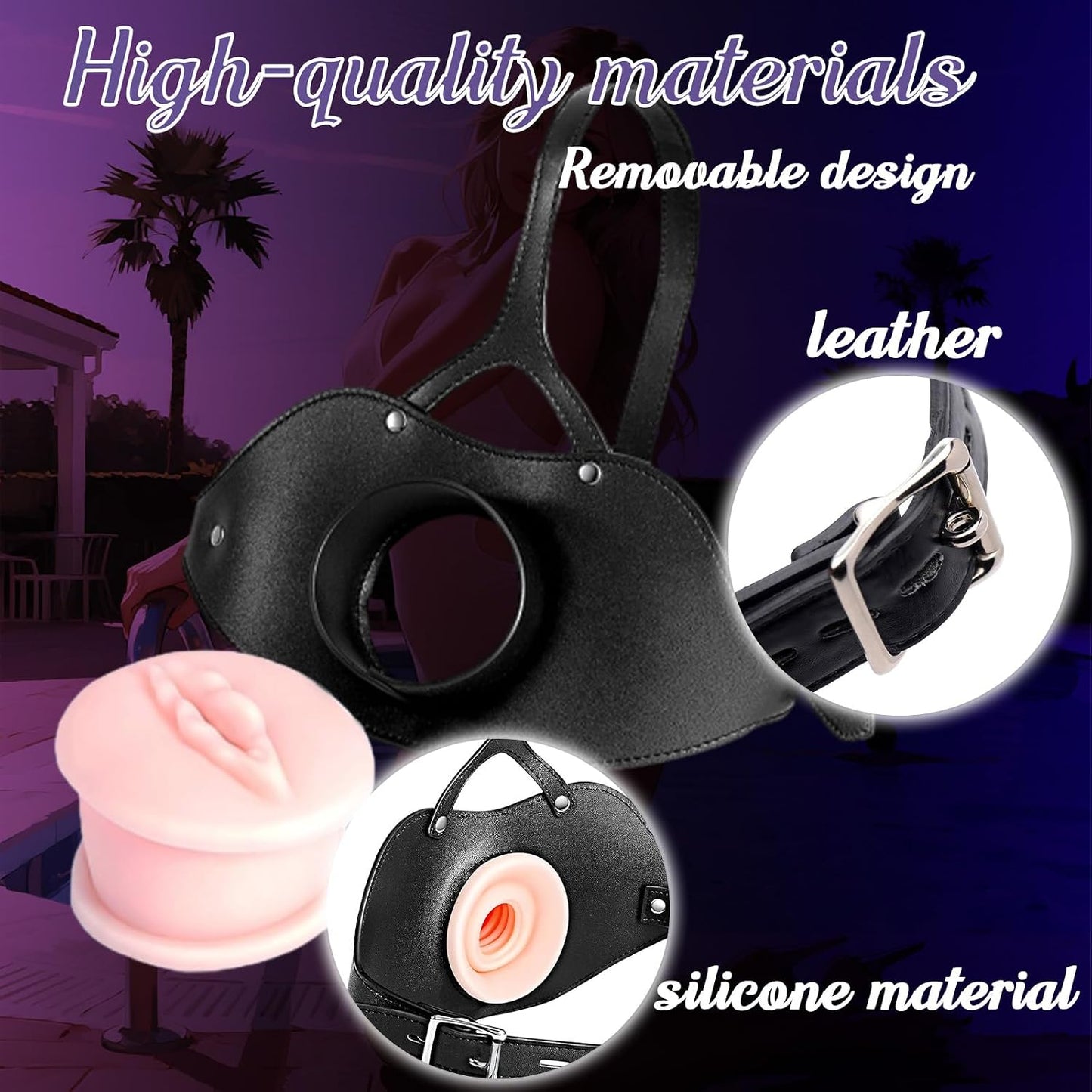 Oral Sex Mouth Gag Leather Bondage 3D Realistic Textured Tight Silicone Pocket Pussy Male Masturbator Deep Throat Sex Doll Mouth Gag with Lock Adjustable Adult Toy for Oral Sex Couples Kinky Toys