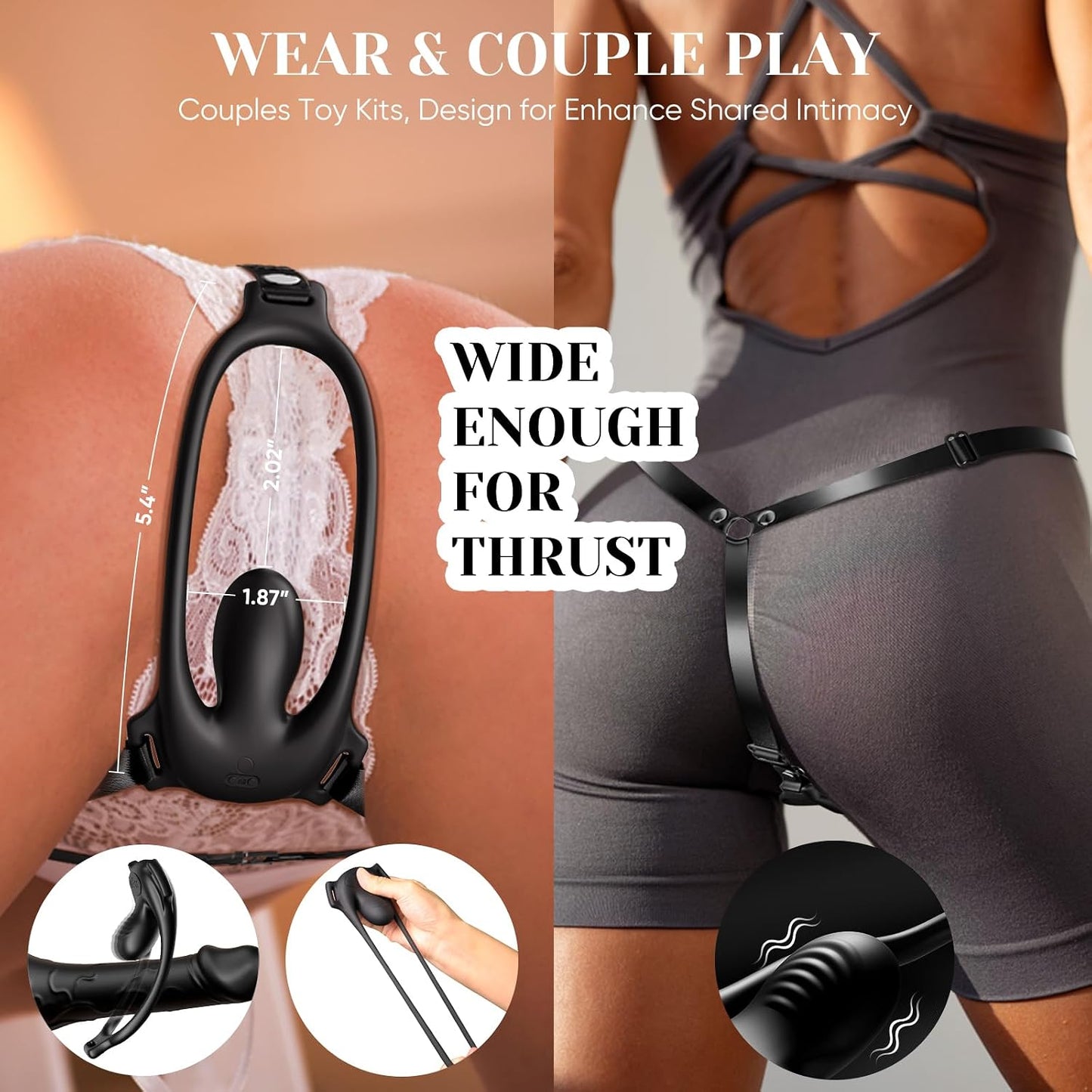 Wearable Clitoral Vibrator with Remote Control - Adult Sex Toy for Couples, Hands-Free Vibrating Panties, Quiet & Discreet, Adjustable Soft Leather Harness for Public Secret Fun & BDSM Play, Black