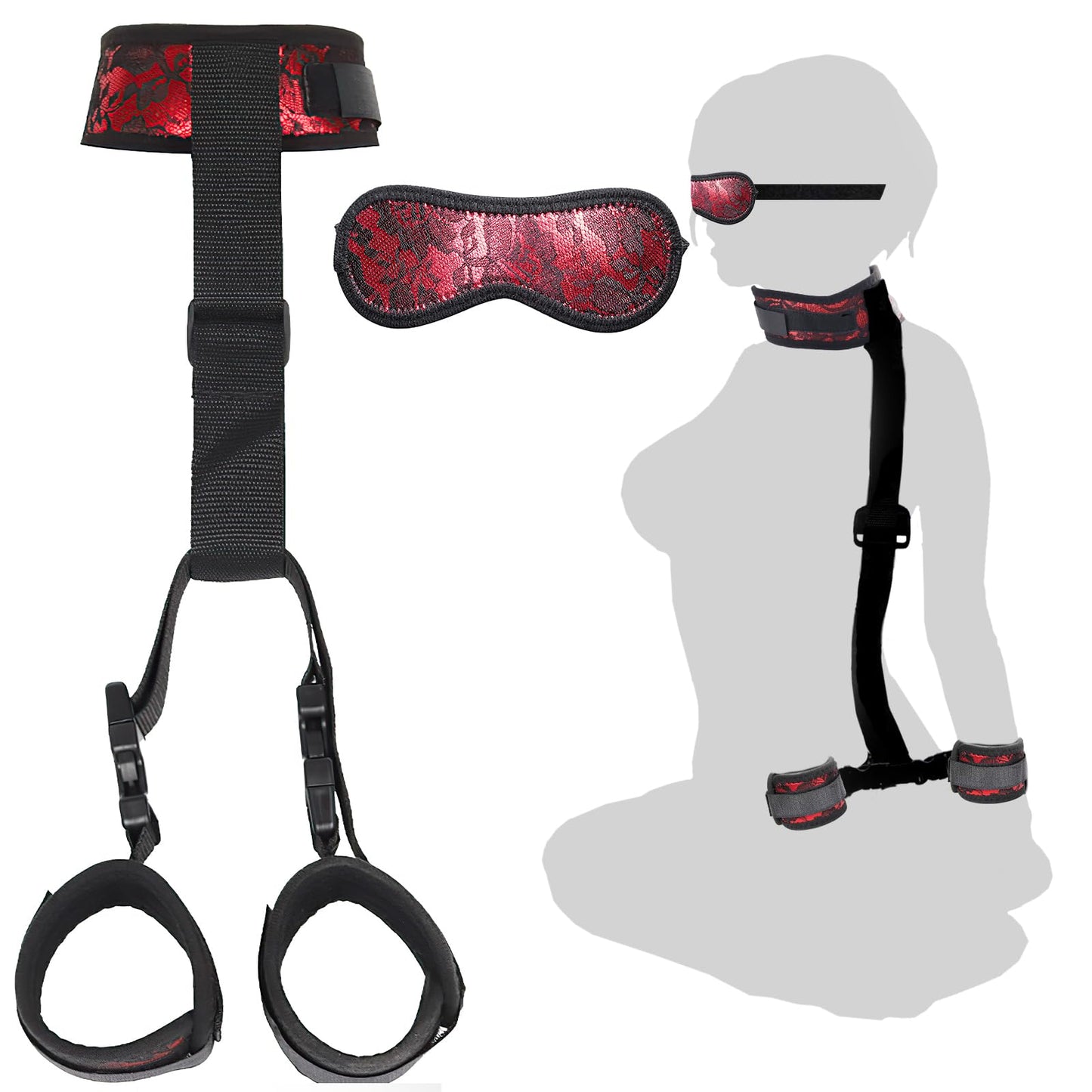 BDSM Neck to Wrist Restraints Bondage Set - Behind Back Handcuffs Collar with Blindfold Adjustable Bondage Set Bed SM Games Play Sex Toys for Couples S&M Whips