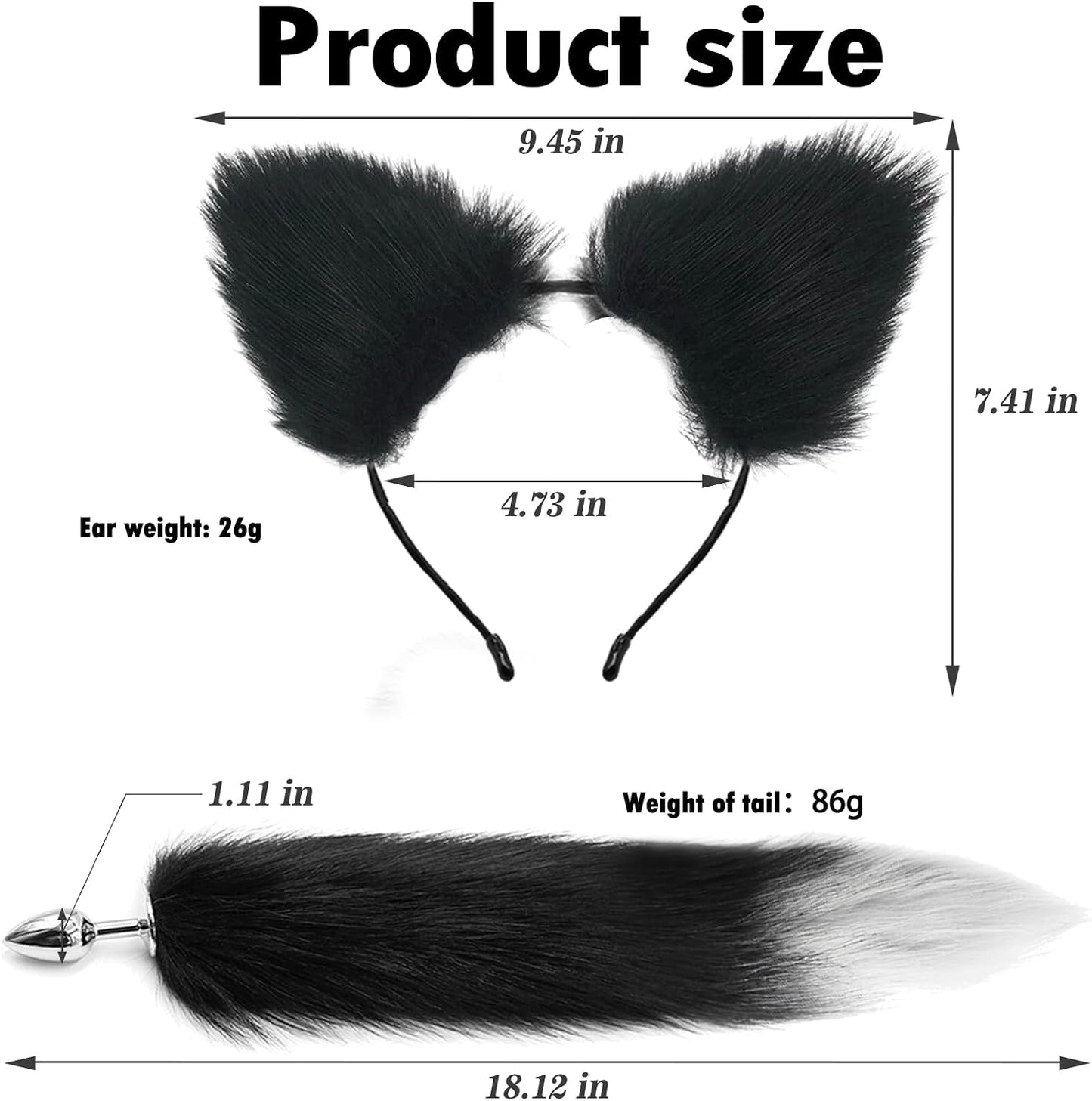 Stainless Steel Anal Butt Plug with Faux Silver Fox Tail and Ear-Anal Stopper Tail Sex Toy for SM Adult Games or Cosplay