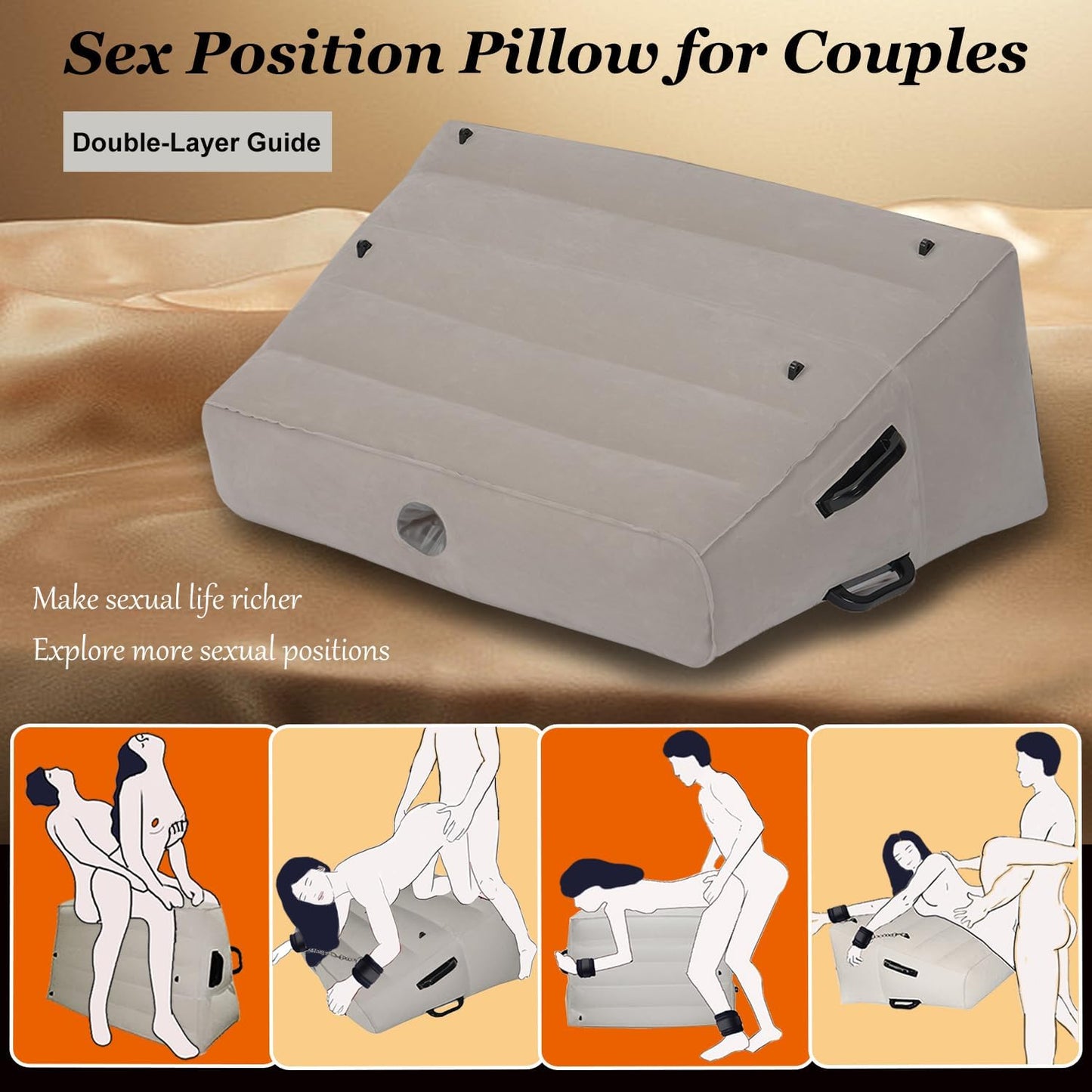 Sex Toy Pillow with Dildo Mount, Inflatable Bondage Furniture Wedge Cushion with Handcuffs Kit for Couples SM, Riding Chair for Adults Masturbation | Double layer airbag structure, adjustable height