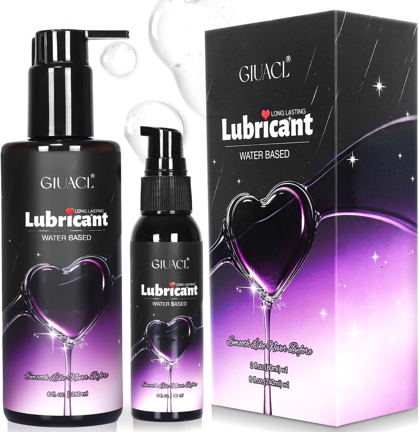 Water Based Lube Set, 8+2oz Lubricants for Privacy and Toys, Natural Long Lasting Lube Gel for Men, Women & Couples, Non-Staining, pH Friendly (Home+Travel Size)