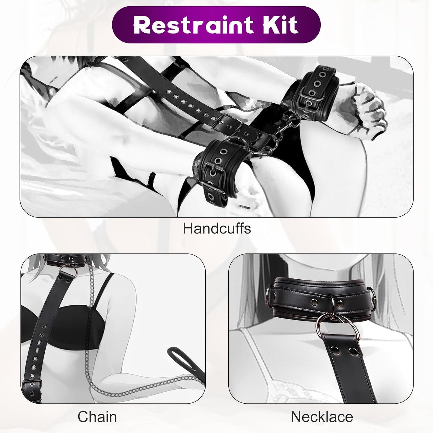 BDSM Bondage Sex Restraints Set Couples Sex Toys, Neck to Wrist Restraints Kit with Traction Chain Back Sex Handcuffs Collar Adjustable Bondage Gear Accessories SM Sexy Slave Beginner Role Play Toy