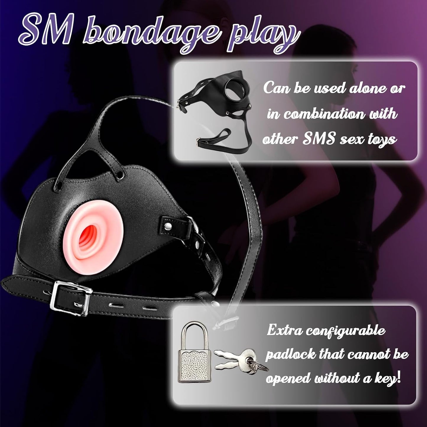 Oral Sex Mouth Gag Leather Bondage 3D Realistic Textured Tight Silicone Pocket Pussy Male Masturbator Deep Throat Sex Doll Mouth Gag with Lock Adjustable Adult Toy for Oral Sex Couples Kinky Toys