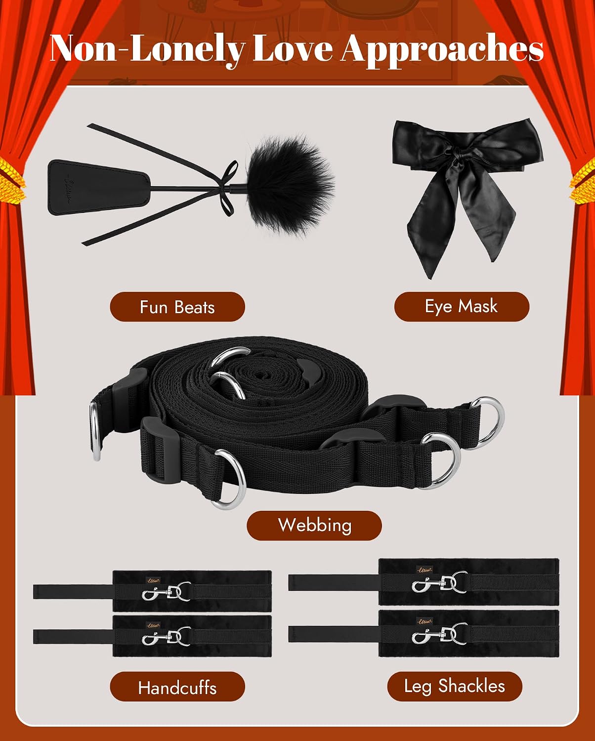 BDSM Bondage Restraint Sex Toys - UTIMI Bed Sex Straps Set with Handcuffs Ankle Cuffs Blindfold Feather Tickler & 4 Separate Straps Adult Kinky Bondage Rope Toy for Men Women and Couples | Queen Size