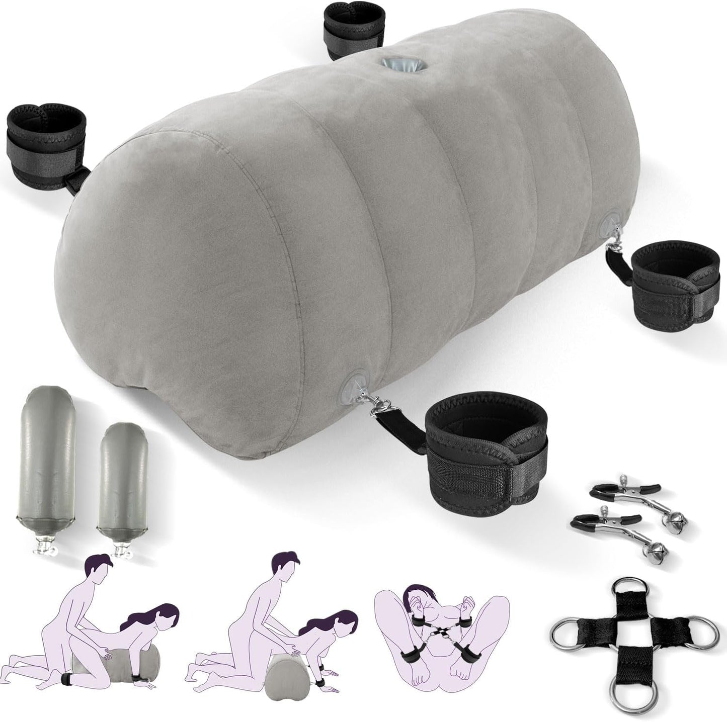 Sex Pillow Couples Sex Toys, Heart Shaped Inflatable Cushion Furniture for Bedroom Dildo Mount, Upsize Pillow with Bondage Cuffs, Cross Strap, Nipple Clamps BDSM Kit