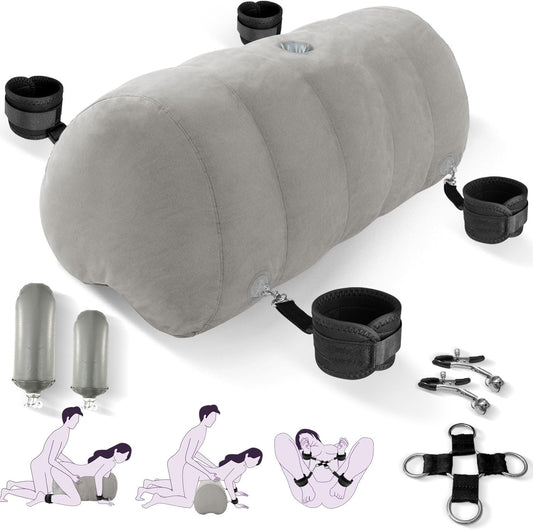 Sex Pillow Couples Sex Toys, Heart Shaped Inflatable Cushion Furniture for Bedroom Dildo Mount, Upsize Pillow with Bondage Cuffs, Cross Strap, Nipple Clamps BDSM Kit
