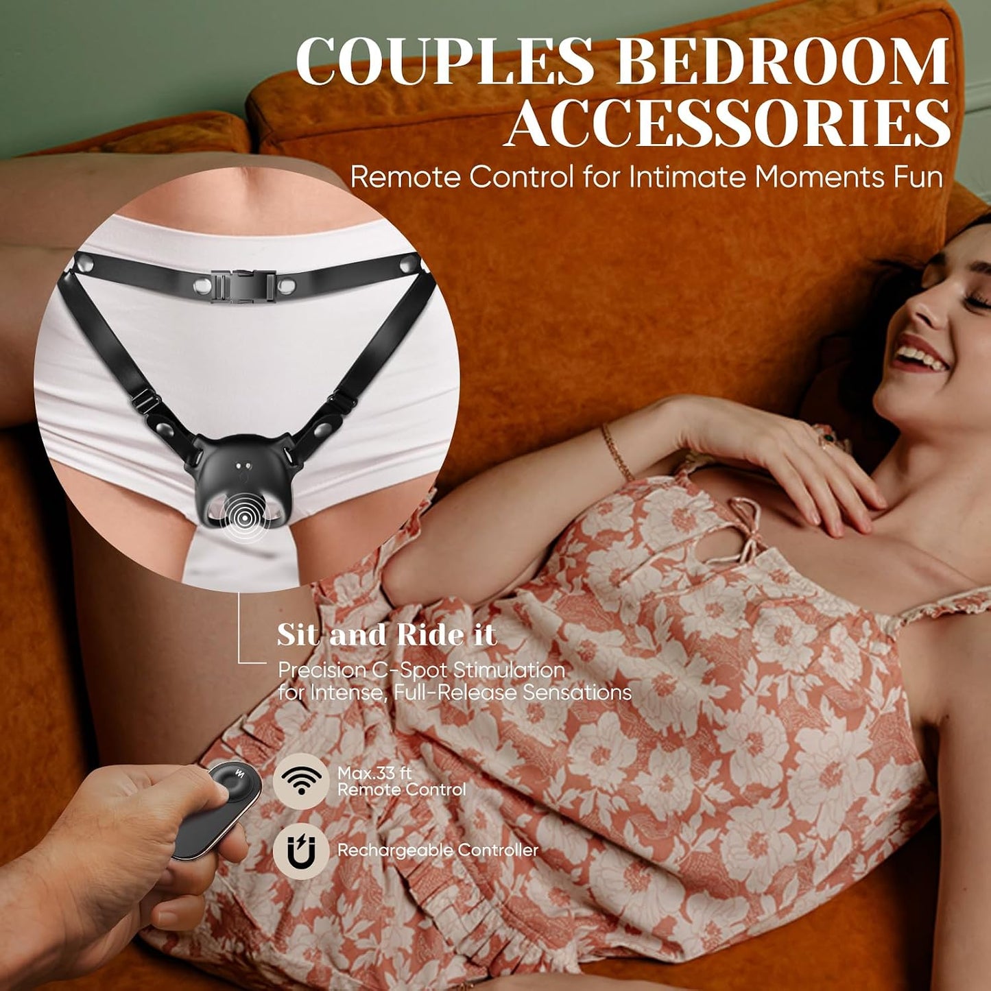 Wearable Clitoral Vibrator with Remote Control - Adult Sex Toy for Couples, Hands-Free Vibrating Panties, Quiet & Discreet, Adjustable Soft Leather Harness for Public Secret Fun & BDSM Play, Black