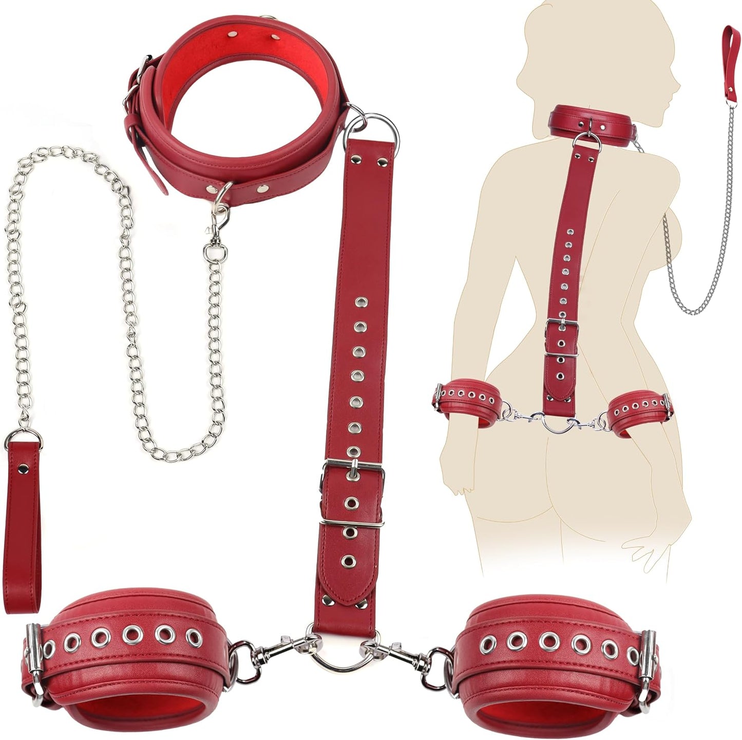 BDSM Bondage Sex Restraints Set Couples Sex Toys, Neck to Wrist Restraints Kit with Traction Chain Back Sex Handcuffs Collar Adjustable Bondage Gear Accessories SM Sexy Slave Beginner Role Play Toy
