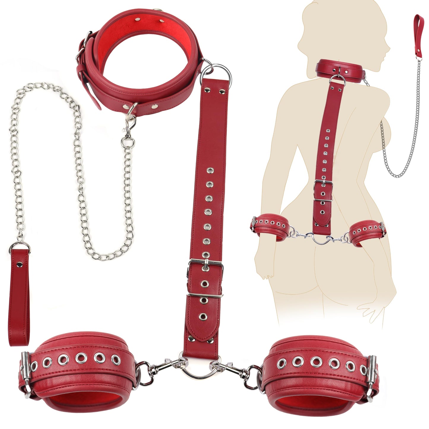 BDSM Bondage Sex Restraints Set Couples Sex Toys, Neck to Wrist Restraints Kit with Traction Chain Back Sex Handcuffs Collar Adjustable Bondage Gear Accessories SM Sexy Slave Beginner Role Play Toy